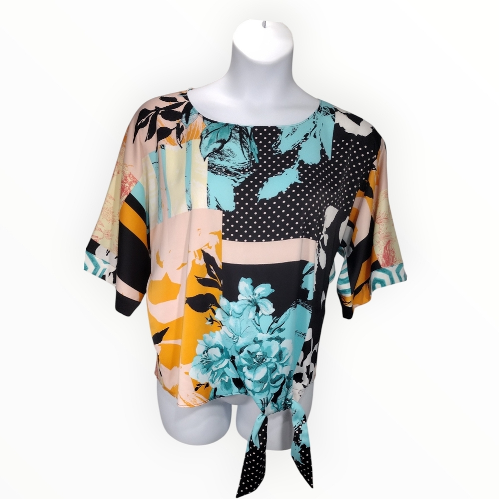 Chico's Blouse Kimono Sleeve Mixed Print Tie Front Size Small